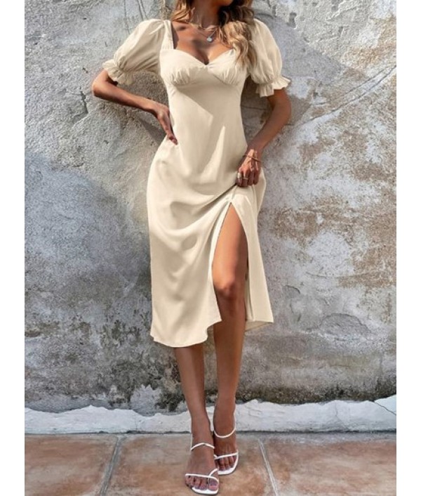 Puff Sleeve Criss Cross Slit Midi Dress