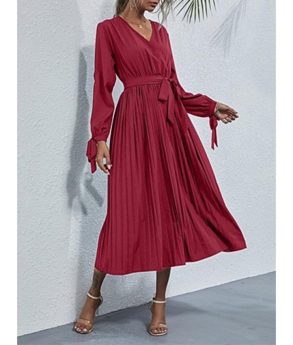 Split Sleeve Belted Pleated Midi Dress