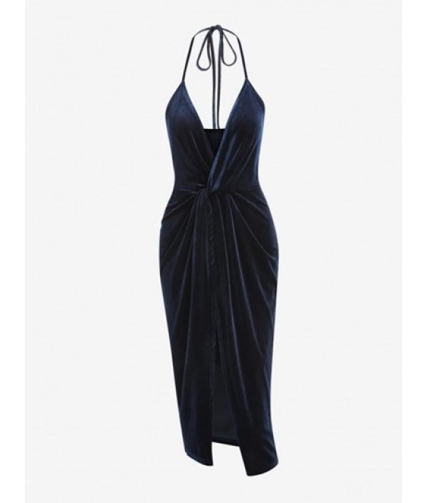 Twist Halter Velvet Open Back Midi Dress