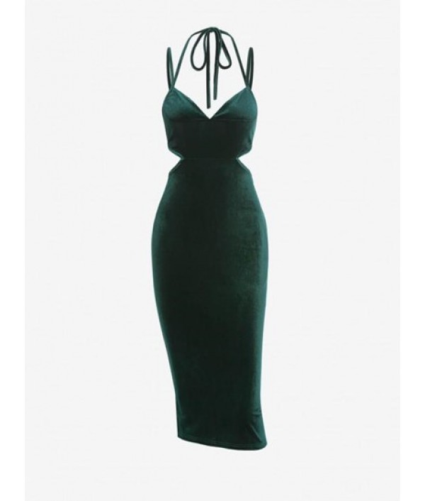 Halter Back Slit Cut Out Velvet Midi Dre...