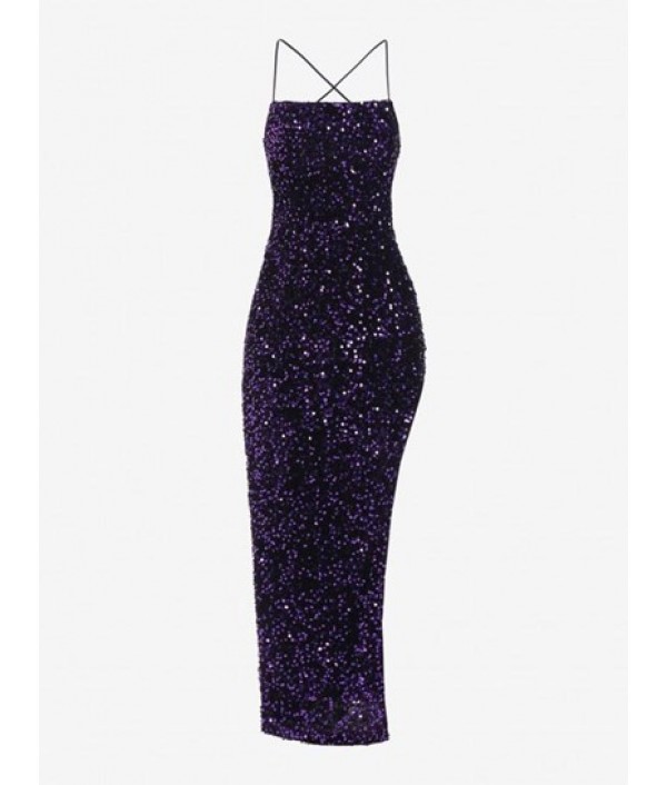 Sequined Backless Halter Thigh Split Dress