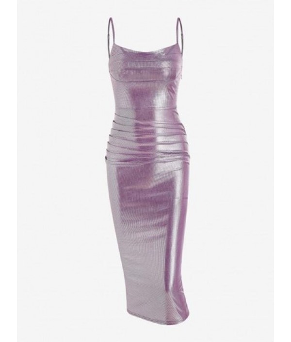 Ruched Foil Back Slit Bodycon Dress