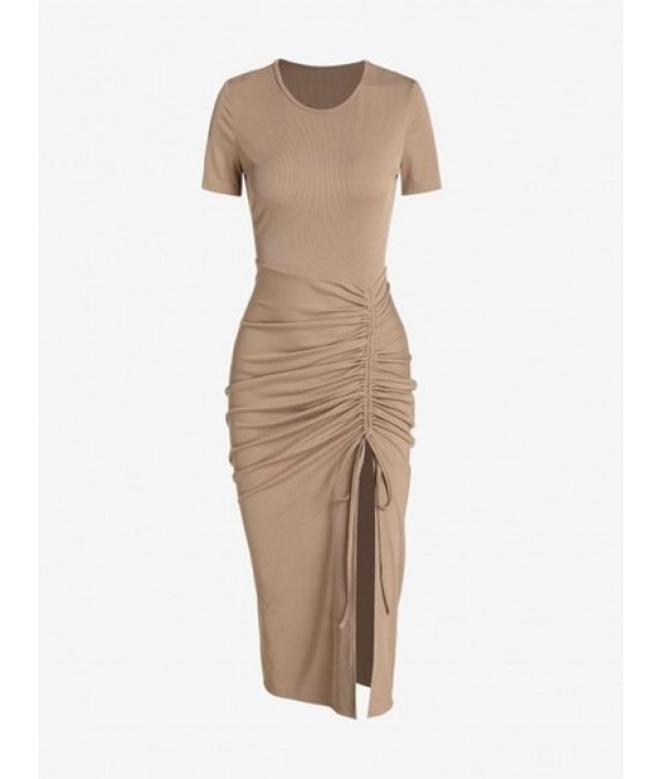 Ribbed Cinched Slit Midi Dress