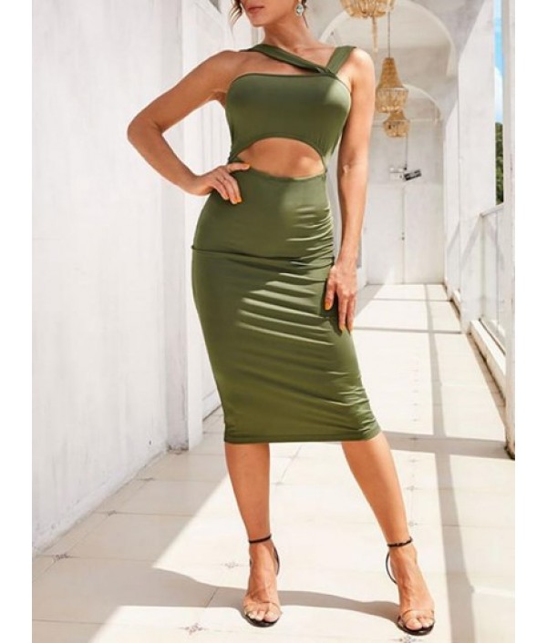 Cutout Skew Collar Midi Bodycon Dress