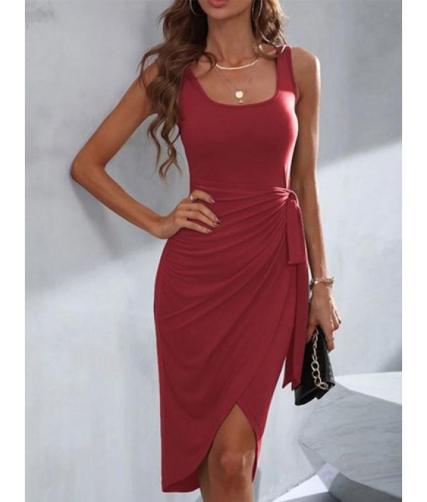 Solid Color Sleeveless Wrap Dr...