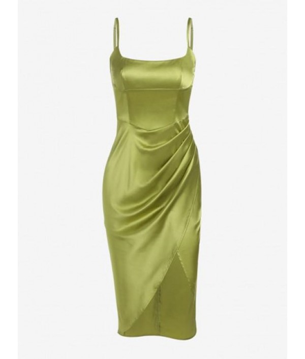 Satin Draped Slit Midi Dress