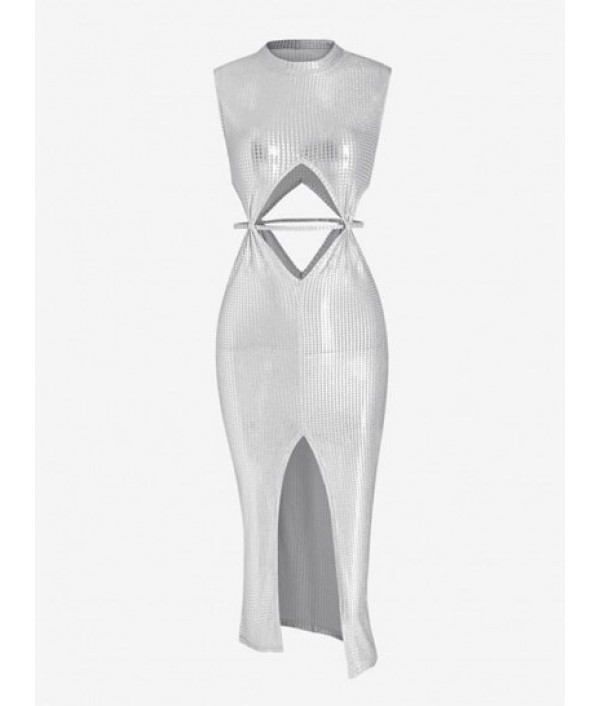 Sparkly Foil Print Cut Out Front Slit Bodycon Dress