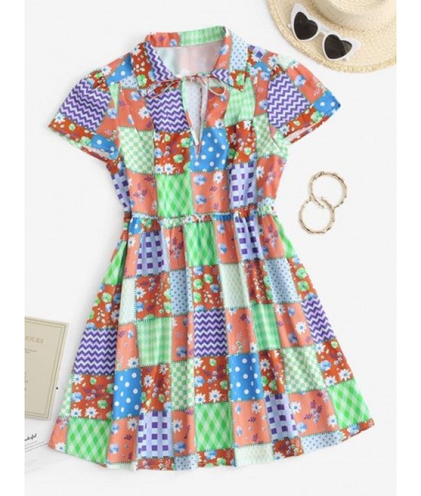 Patchwork Print Plunge Front Smock Dress