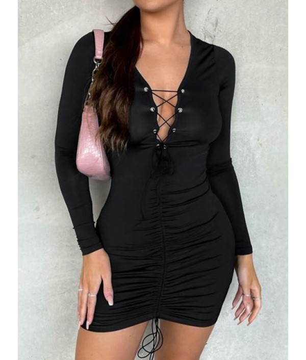 Lace Up Cinched Front Long Sleeve Bodyco...