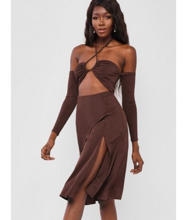 Ribbed Halter Cut Out Split Dress