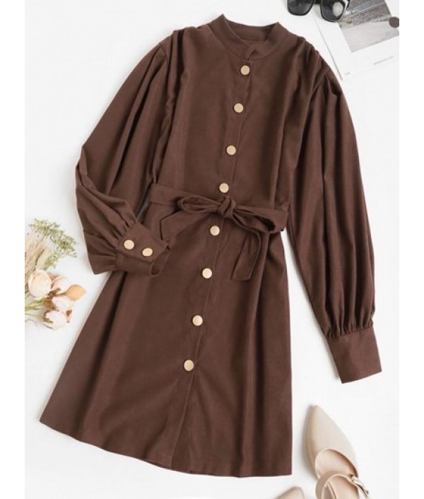 Belted Casual Balloon Sleeve Shirt Dress