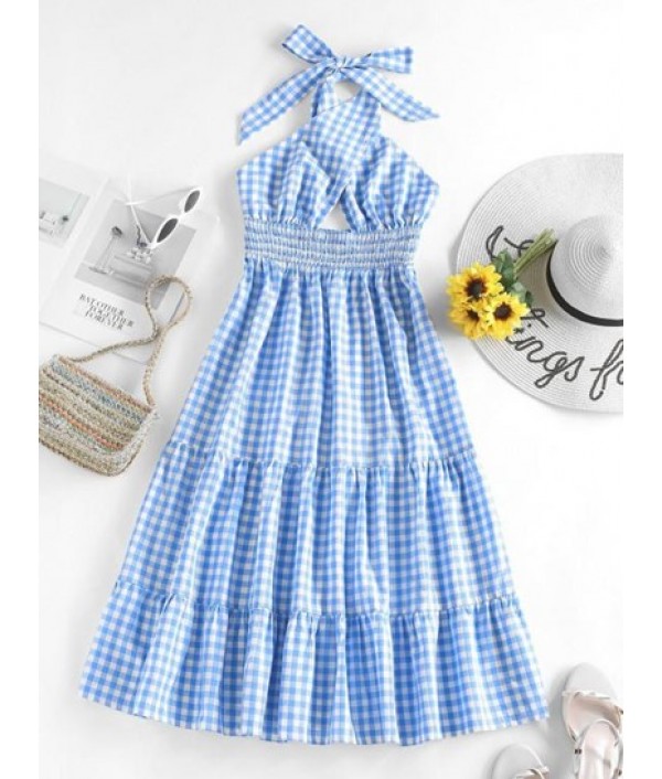 Gingham Cross Smocked Tiered Midi Dress