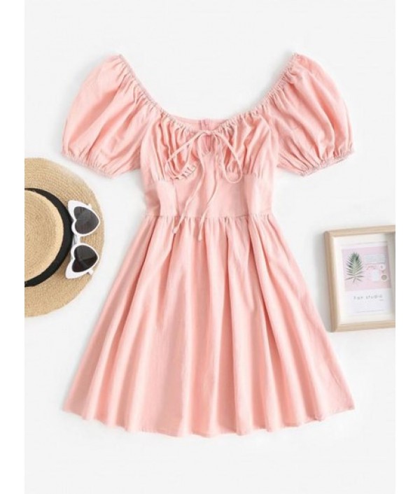 Puff Sleeve Tie Ruched Milkmaid Dress