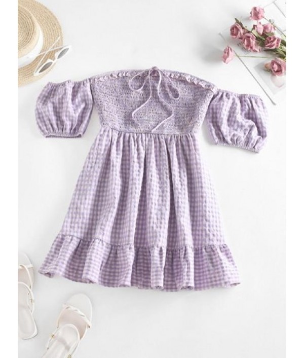 Off The Shoulder Gingham Smocked Skater ...