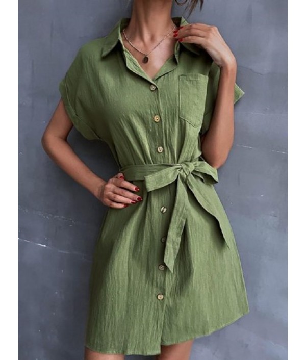 Front Pocket Cuffed Sleeve Belted Shirt ...