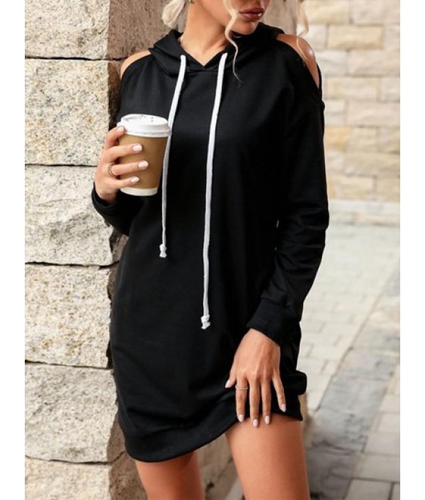 Drawstring Cold Shoulder Hoodie Dress