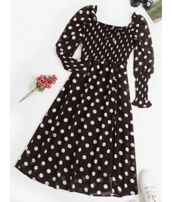 Puff Sleeve Polka Dot Smocked Milkmaid D...