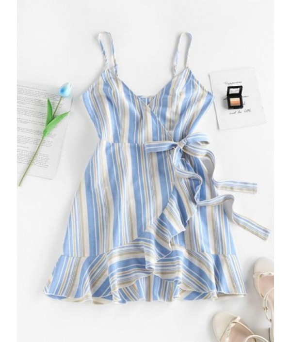 Striped Ruffle Bowknot Wrap Dress