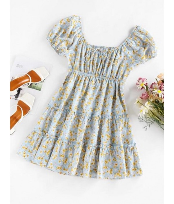 Floral Print Puff Sleeve Ruffle Dress