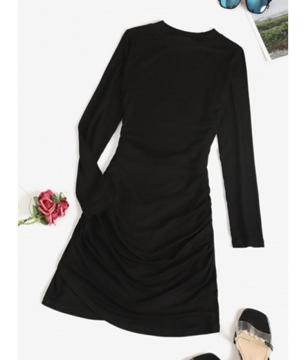 Long Sleeve Ruched Draped Mini Dress