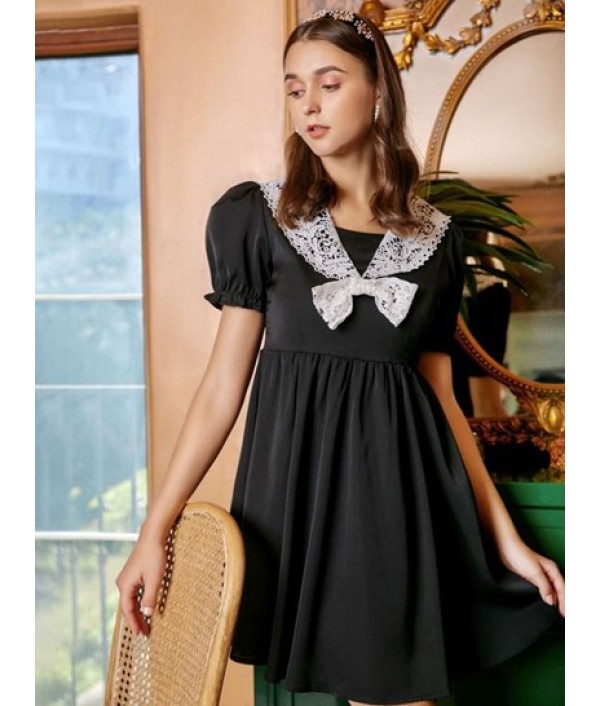 Lace Panel Bowknot Puff Sleeve Mini Dres...