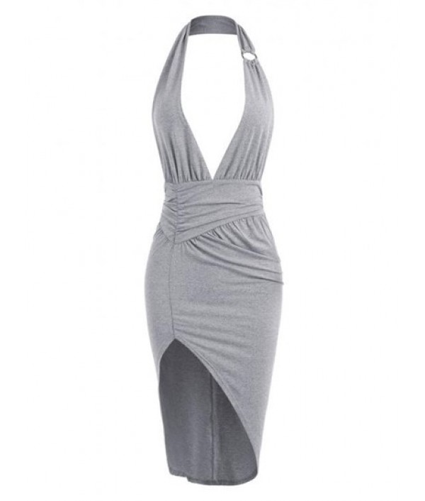 Halter Ring Ruched Split Bodycon Dress