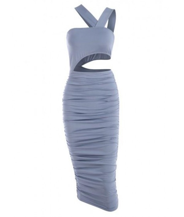 Cut Out Ruched Midi Slinky Dress