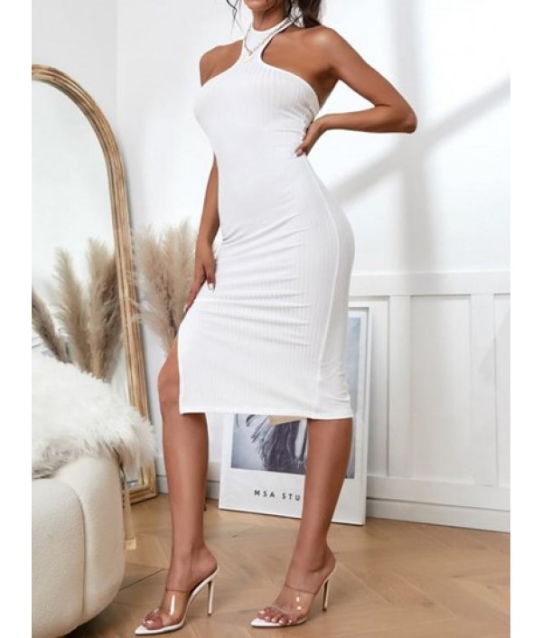 Ribbed Halter Split Slinky Dress