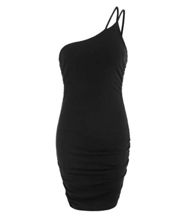 One Shoulder Rib-knit Ruched Slinky Body...