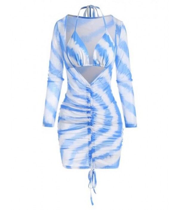 Tie Dye Ruched Mesh Dress With...