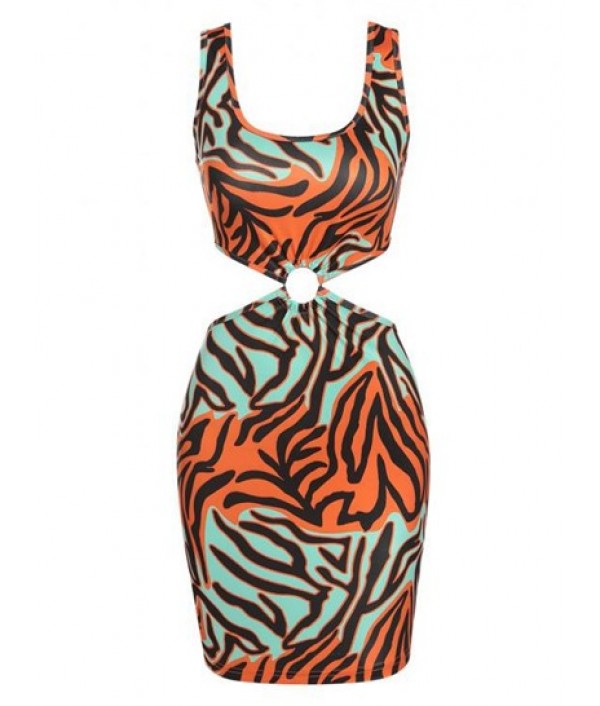 O Ring Cut Out Zebra Print Slinky Dress