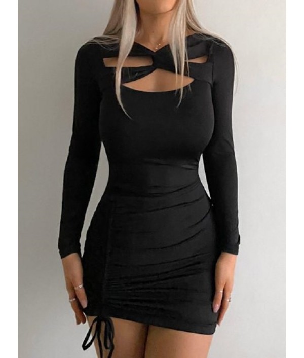 Twist Cutout Cinched Ruched Long Sleeve Slinky Dress