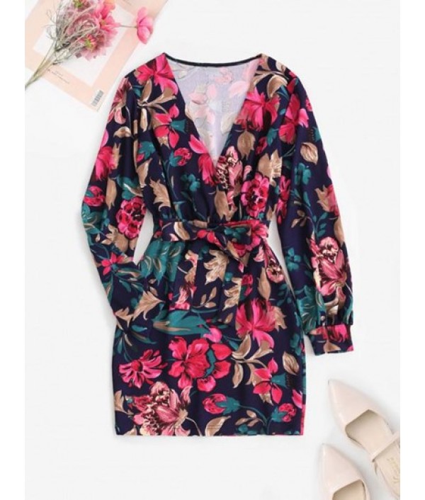 Belted Retro Floral Surplice Mini Dress