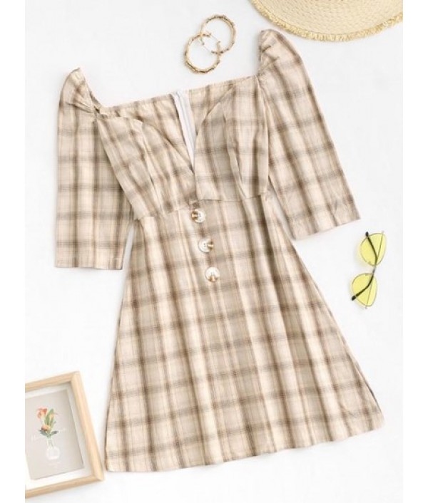 Plaid Puff Sleeve Sweetheart Neck Dress