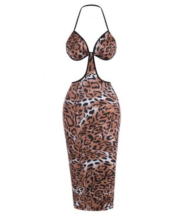 Leopard Halter Cutout Bodycon Midi Dress