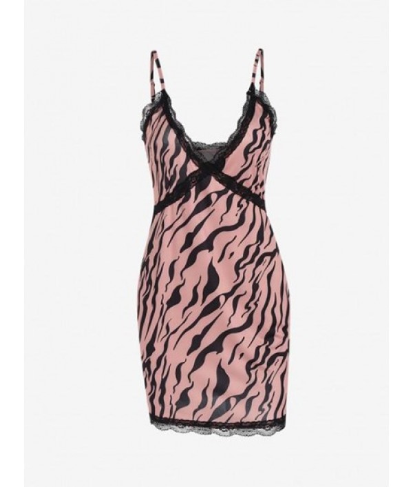 Zebra Striped Lace Trim Bodycon Cami Dress