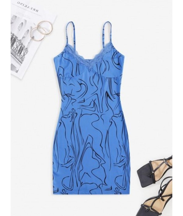 Cami Abstract Print Lace Trim Bustier Slinky Dress