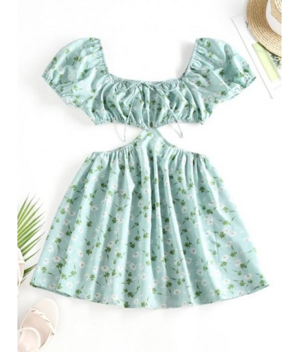 Puff Sleeve Daisy Leaf Cutout Dress