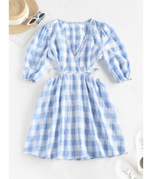 Puff Sleeve Cut Out Plaid Mini Dress