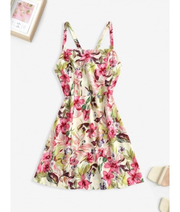 Tie Criss Cross Open Back Floral Mini Dr...