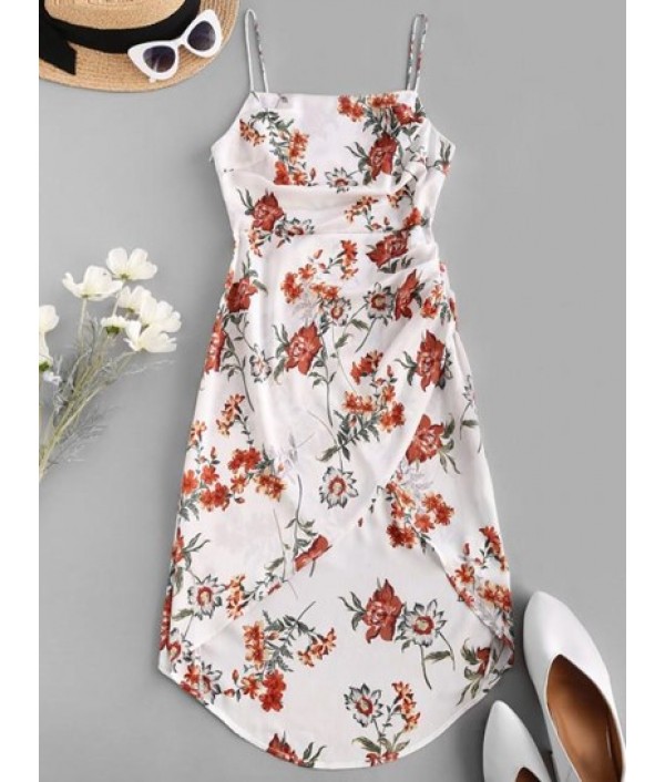 Asymmetric Floral Print Ruched Midi Dres...