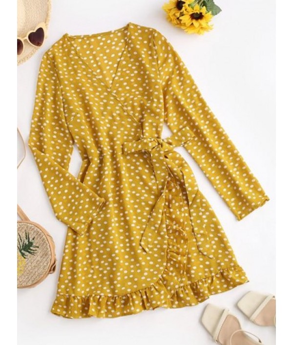 Polka Dot Ruffles Long Sleeve Wrap Dress