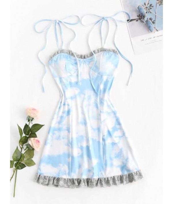 Shoulder Tie Cloud Print Lace Trim Mini ...