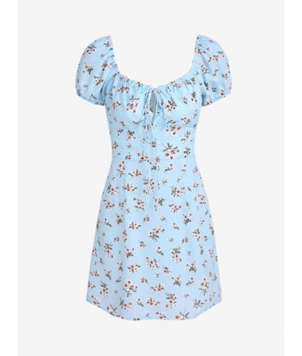 Floral Keyhole Bowknot Puff Sleeve Dress