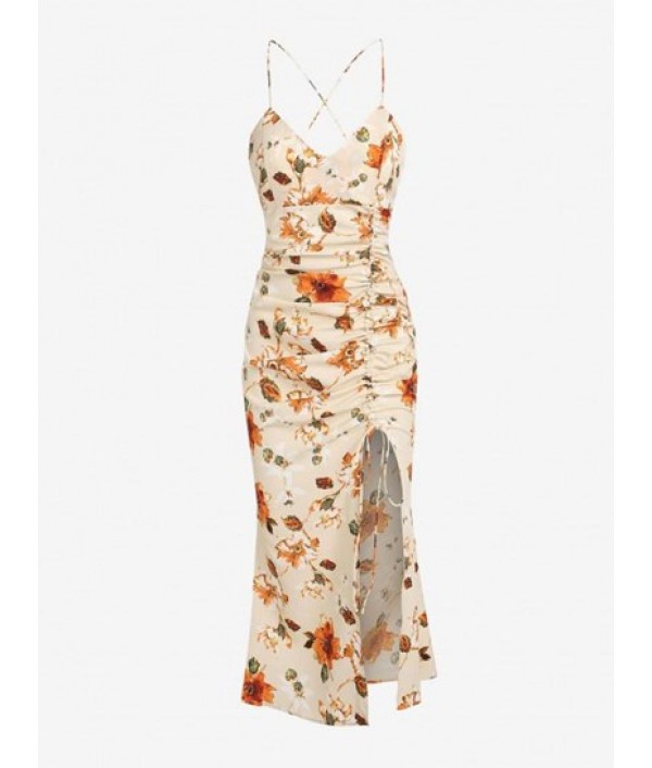 Cinched Flower Slit Slinky Slip Dress