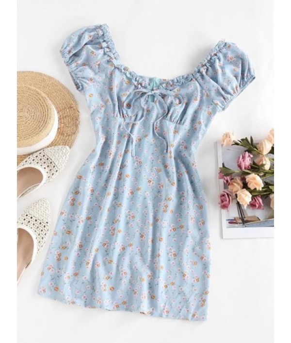 Floral Frilled Tied Ruched Dress