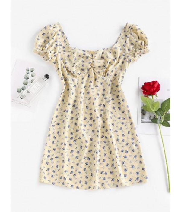 Puff Sleeve Floral Print Mini Dress