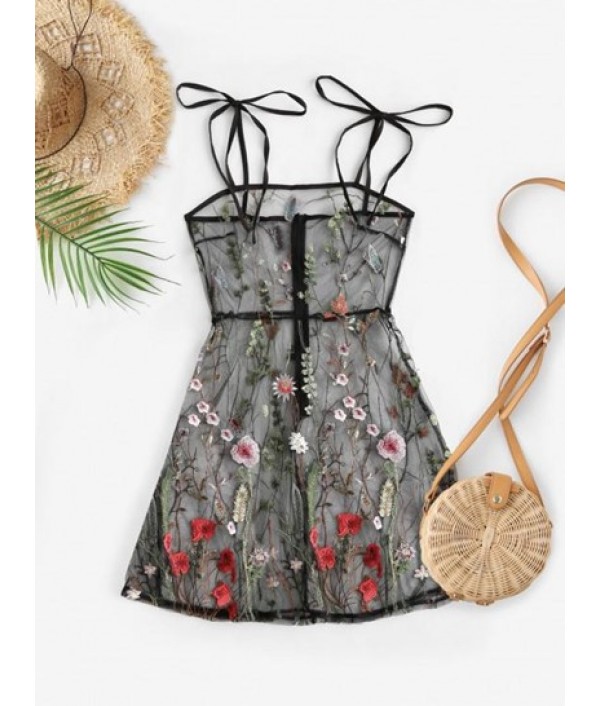 Tie Shoulder Floral Embroidered Sheer Me...