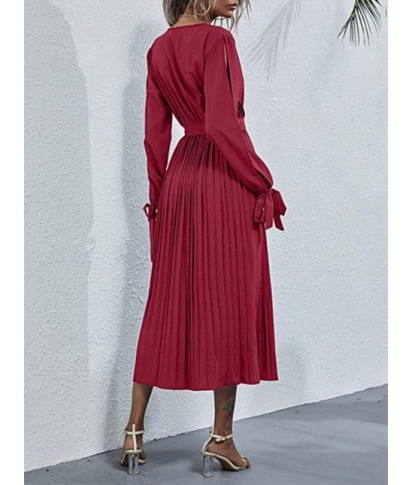 Ruched Front Slit Ribbed Long Sleeve Midi Dress