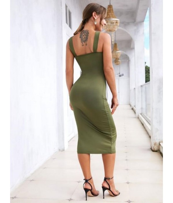 Ruched Foil Back Slit Bodycon Dress